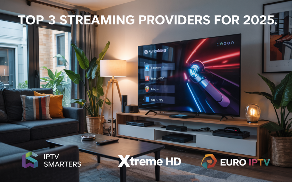 A cozy modern living room featuring a large Smart TV with streaming interfaces and logos of IPTV Smarters, Xtreme HD, and Euro IPTV, highlighting the top 3 providers for 2025.